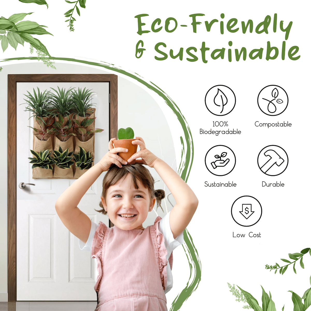 Jute Gardens 12-Pocket Vertical Living Wall Planter – Indoor/Outdoor Eco-Friendly Hanging Garden for Herbs, Flowers & Vegetables
