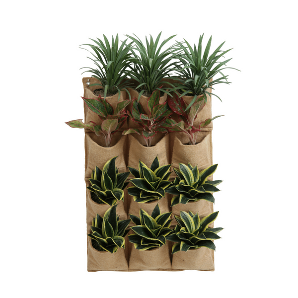 Jute Gardens 12-pocket vertical living wall planter filled with plants